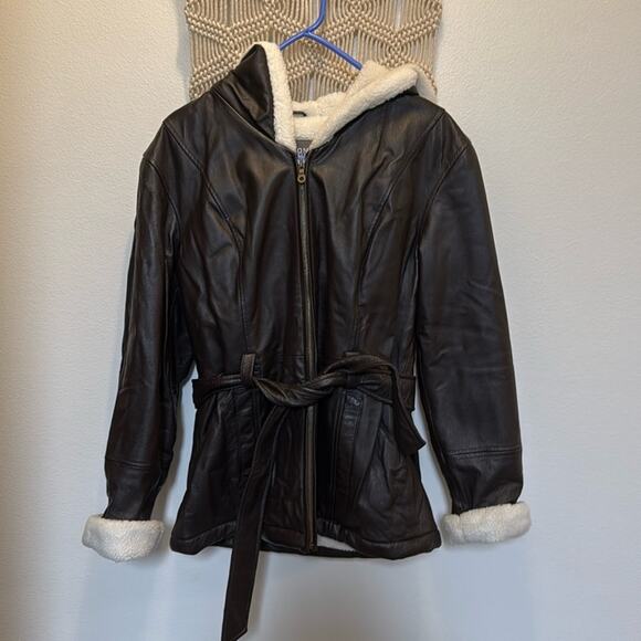 Wilson’s leather hooded parka belted bomber jacket size S dark brown